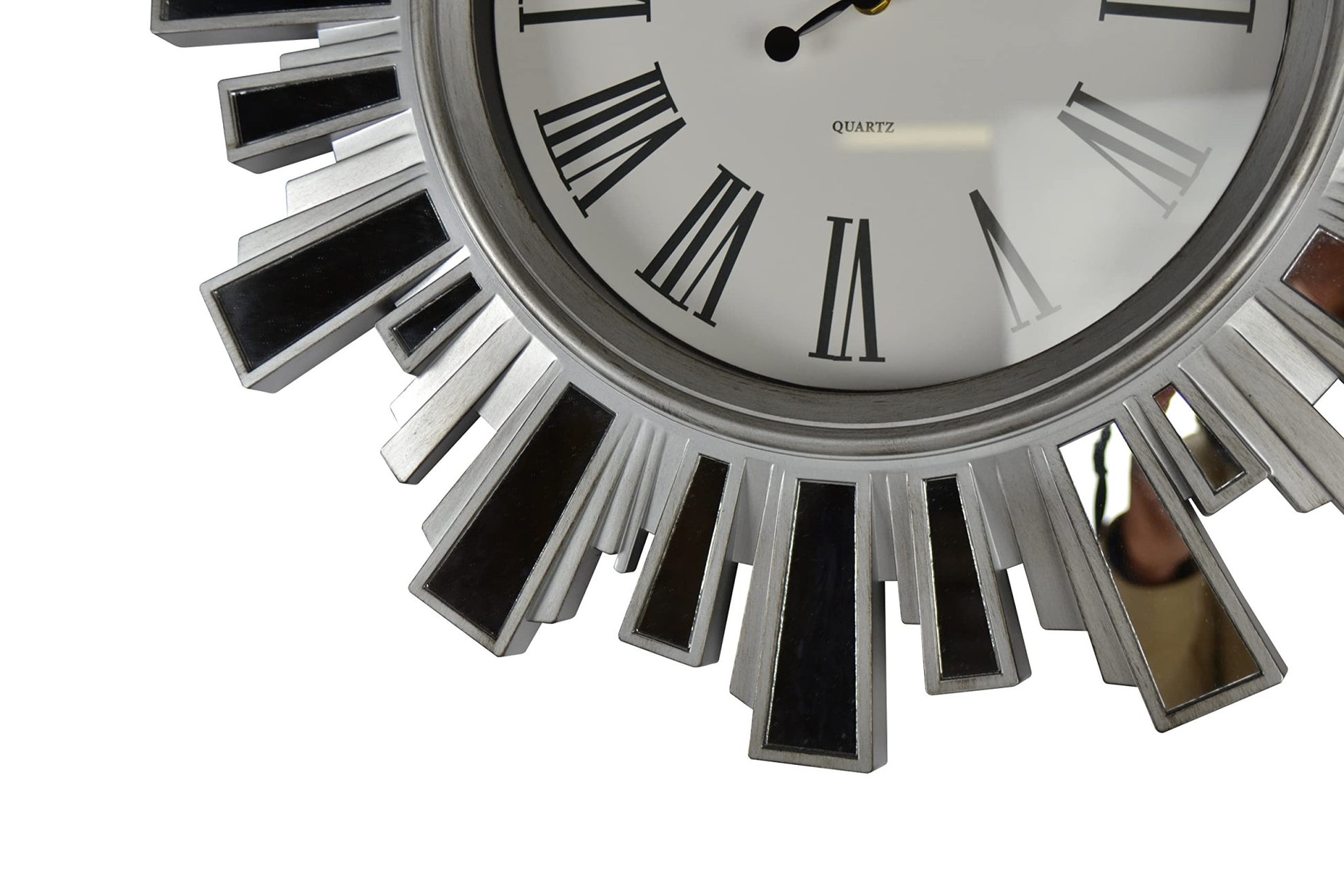 19" Silver And Clear Mirrored Glass And Heavy Duty Plastic Silent Analog Sunburst Wall Clock-4