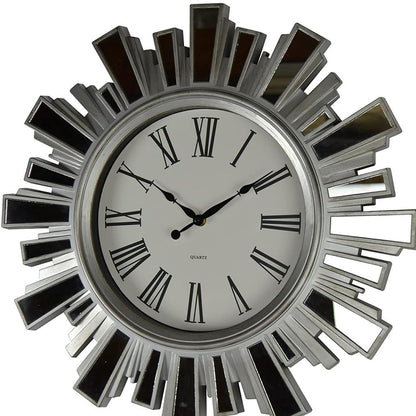 19" Silver And Clear Mirrored Glass And Heavy Duty Plastic Silent Analog Sunburst Wall Clock-2