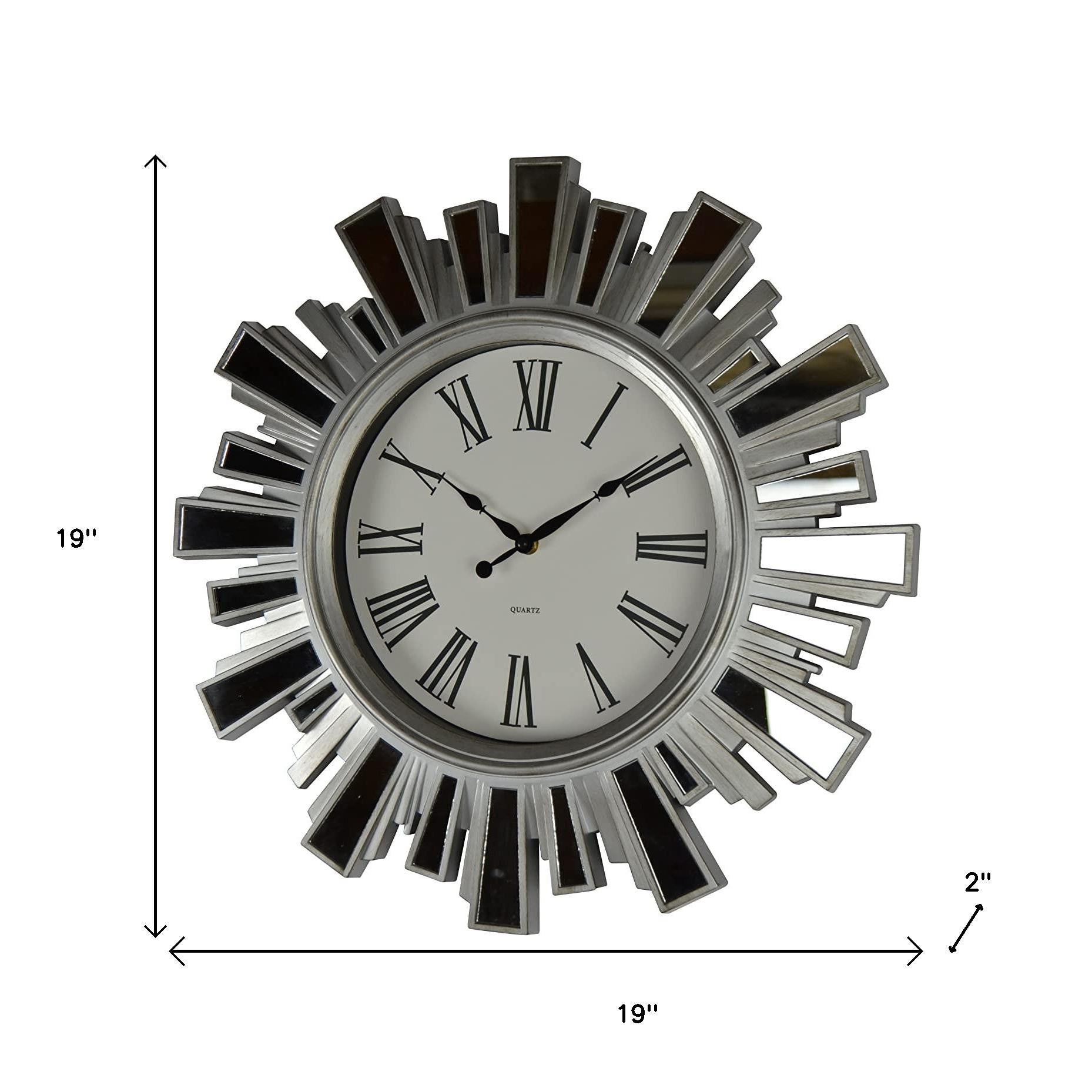 19" Silver And Clear Mirrored Glass And Heavy Duty Plastic Silent Analog Sunburst Wall Clock-6