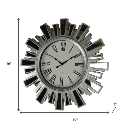 19" Silver And Clear Mirrored Glass And Heavy Duty Plastic Silent Analog Sunburst Wall Clock-6