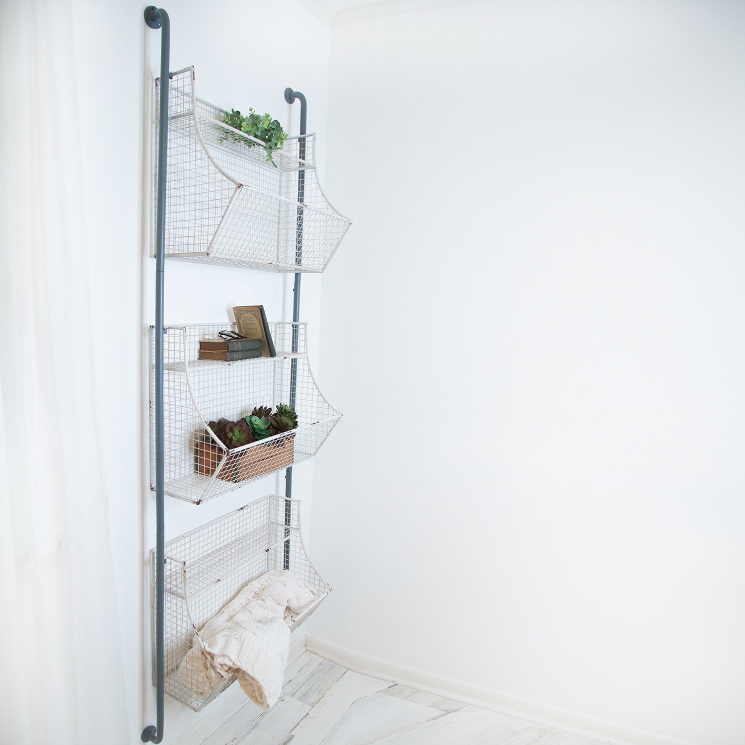 24" White And Gray Metal Baskets Wall Mounted Cubby Shelf-7