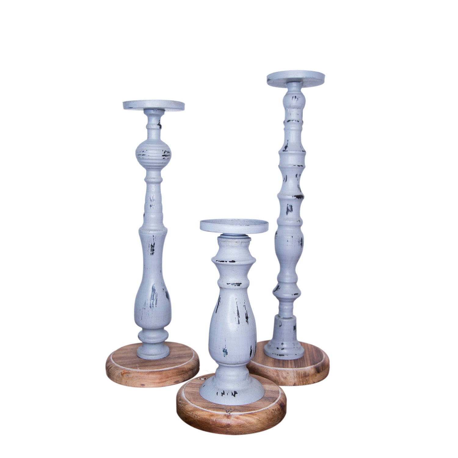 Set of Three Gray Distressed Wood Tabletop Pillar Candle Holders-1