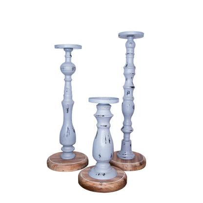 Set of Three Gray Distressed Wood Tabletop Pillar Candle Holders-1