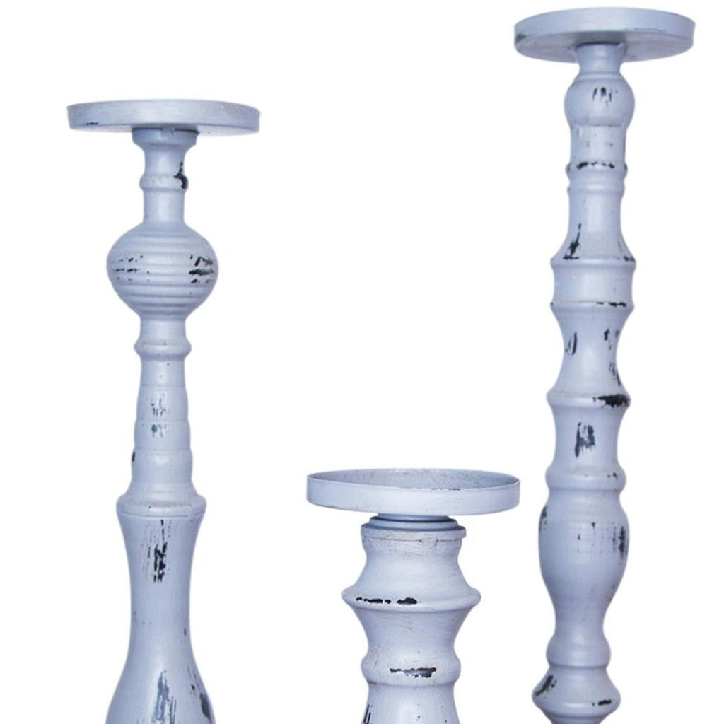 Set of Three Gray Distressed Wood Tabletop Pillar Candle Holders-3