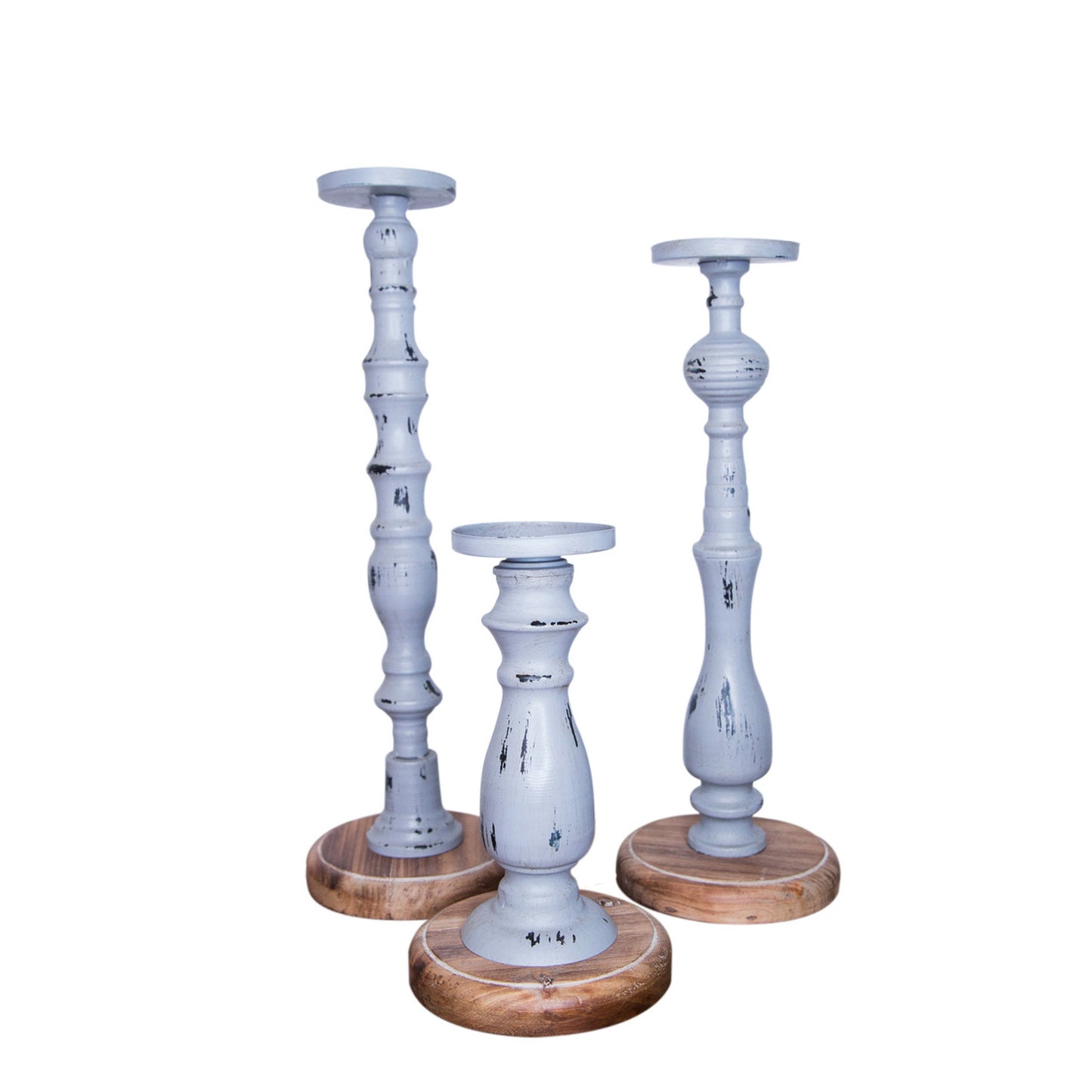 Set of Three Gray Distressed Wood Tabletop Pillar Candle Holders-2