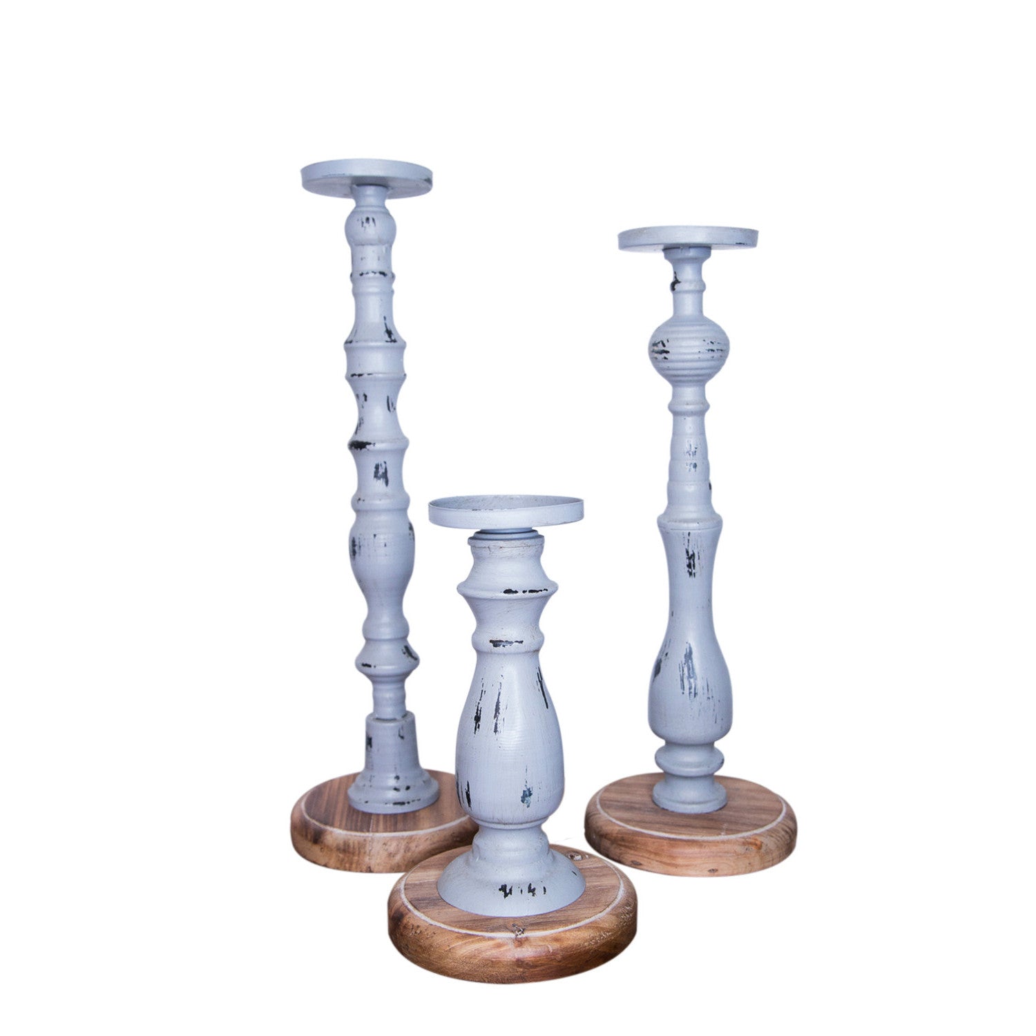 Set of Three Gray Distressed Wood Tabletop Pillar Candle Holders-2