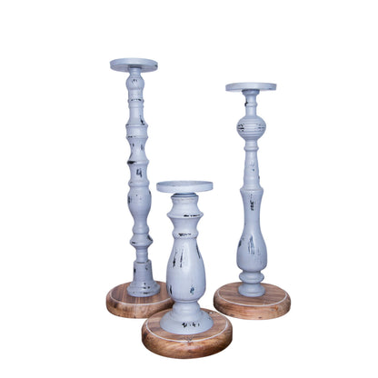 Set of Three Gray Distressed Wood Tabletop Pillar Candle Holders-2