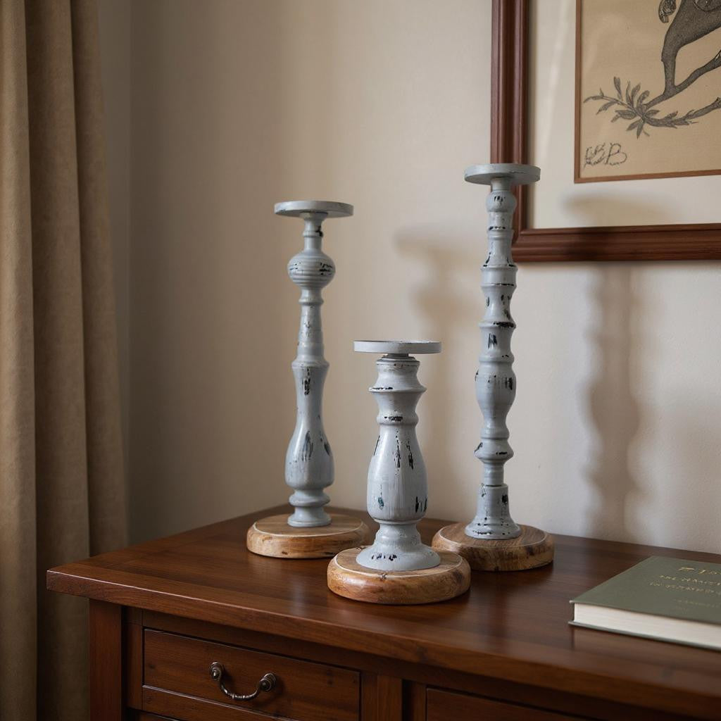 Set of Three Gray Distressed Wood Tabletop Pillar Candle Holders-0